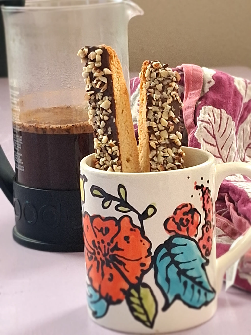 Chocolate Dipped Cinnamon Biscotti with Crushed Hazelnuts $18/10 Biscotti